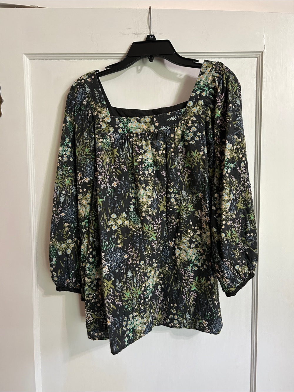 LC Lauren Conrad Black Floral Square-Neck Peasant Blouse